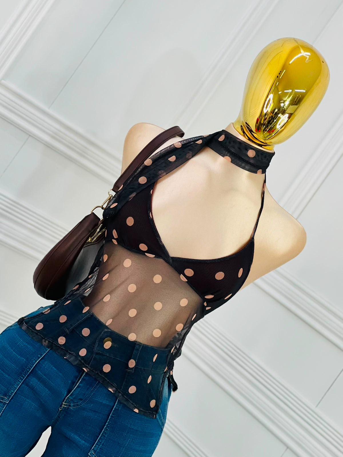 Blusa de Malla Transparente a Lunares con Cuello Choker