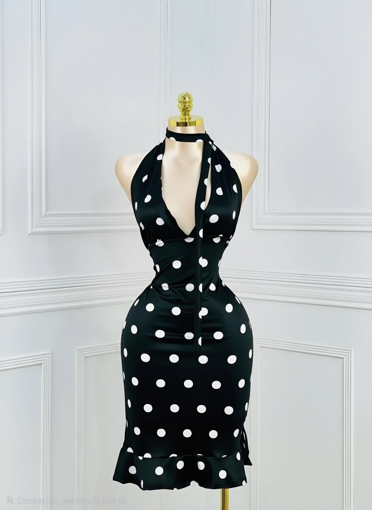 Vestido Corto a Lunares con Cuello Halter y Olán